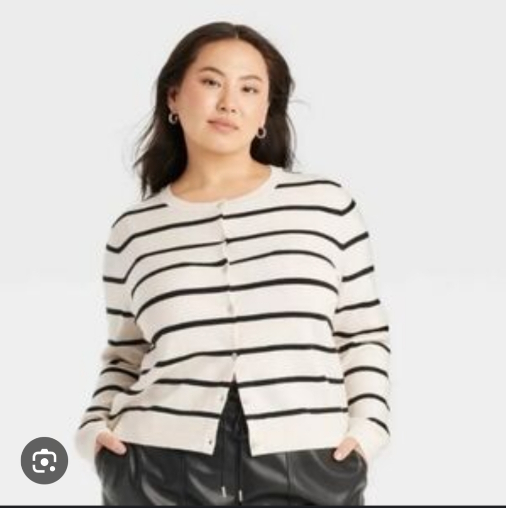 A New Day Women's Striped Cardigan Sweater - Black and White